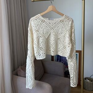 Zara, Crochet Cropped Knit Top,Ecru, Zara, M